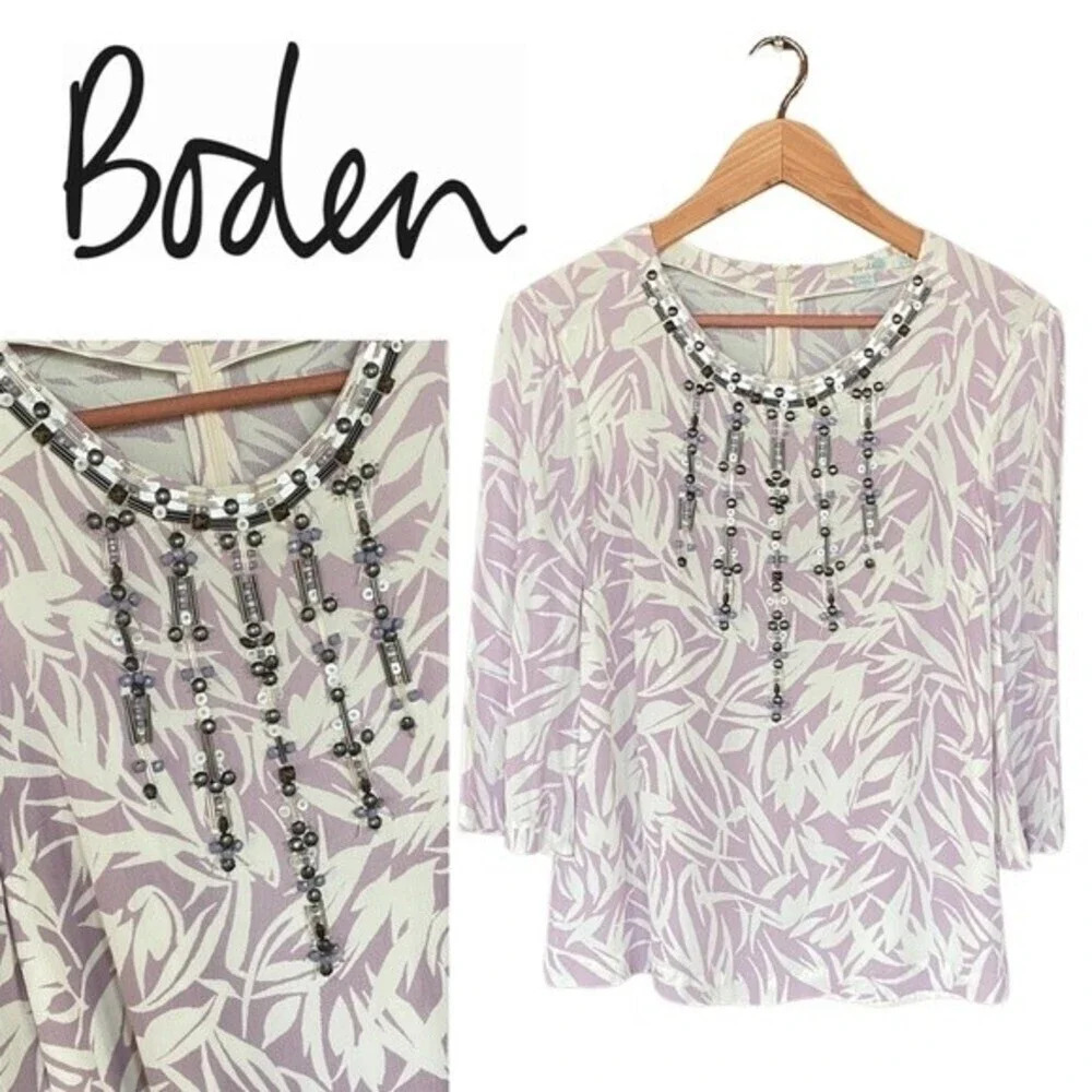 Boden, Beaded V-Neck‎ Leaf Print Blouse